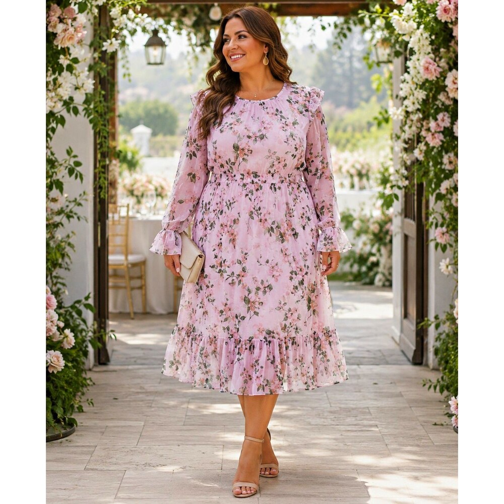 Calvin Klein Pink Green Floral Chiffon Midi A-Line Dress Bell Sleeve 12